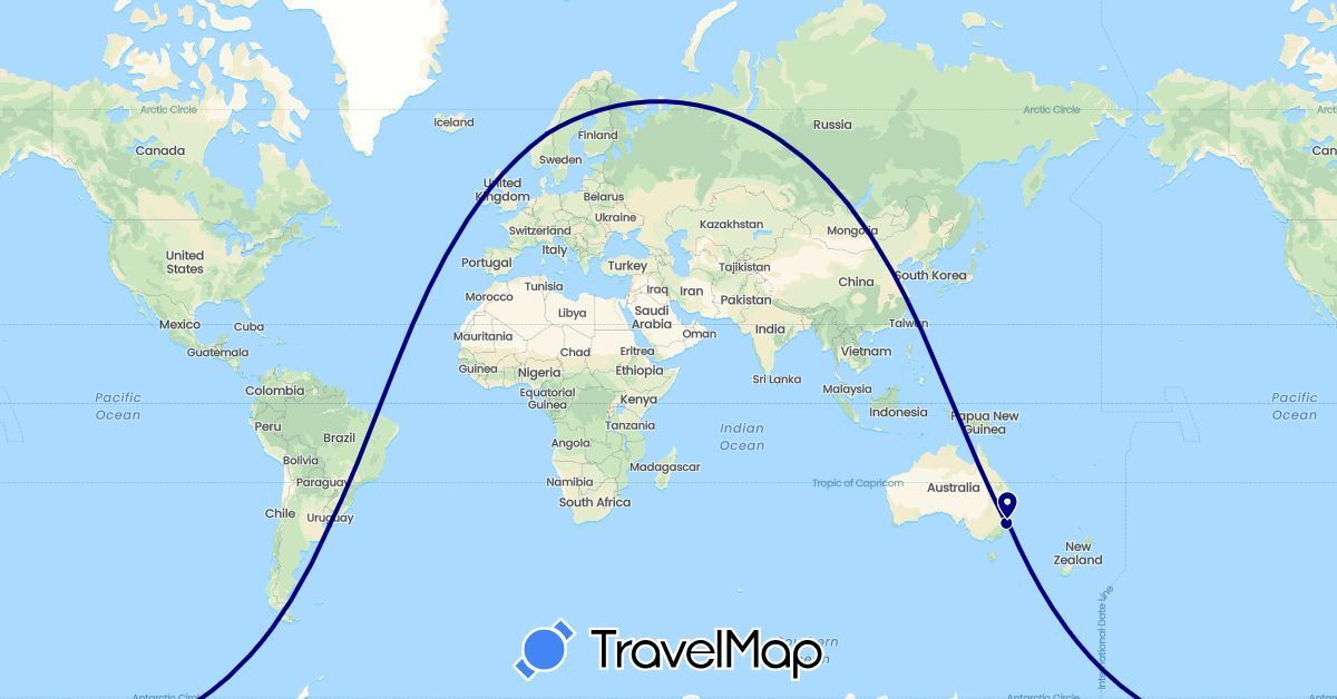 TravelMap itinerary: driving in Australia, Norway, Uruguay (Europe, Oceania, South America)